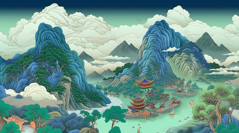 国风彩色青绿山水装饰插画,插画/手绘图,插画/手绘图库,插画/手绘图下载,插画/手绘
